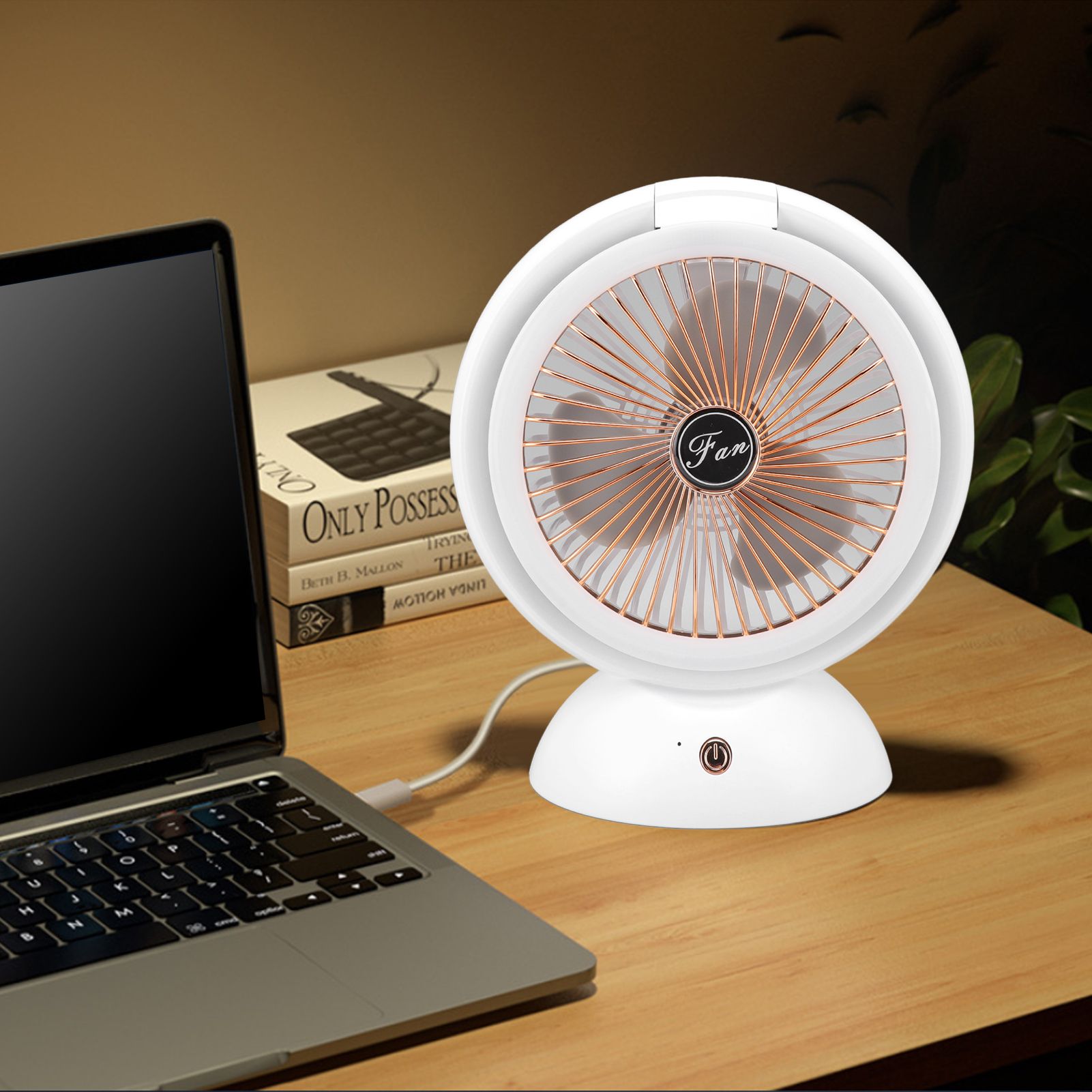 Foldable Fan with LED Light 2 in 1 Warm Light Low Noise Portable Rechargeable 4 Speed Lighting Desk Fan
