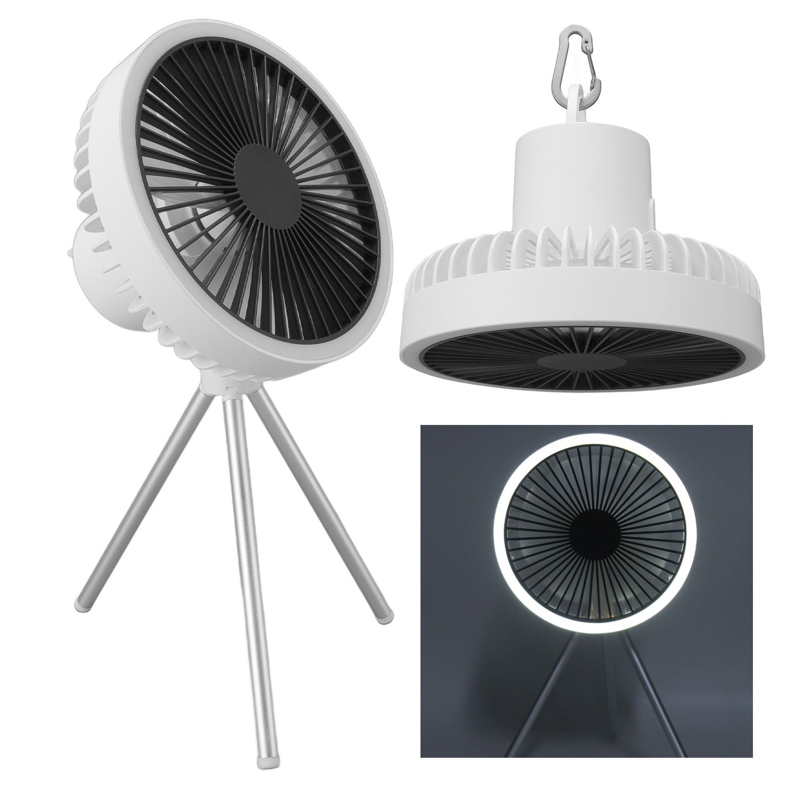 Tripod Fan 10000mAh 3 Gears Adjustable Timing Function Portable Desktop Fan with Light for Outdoor Camping White