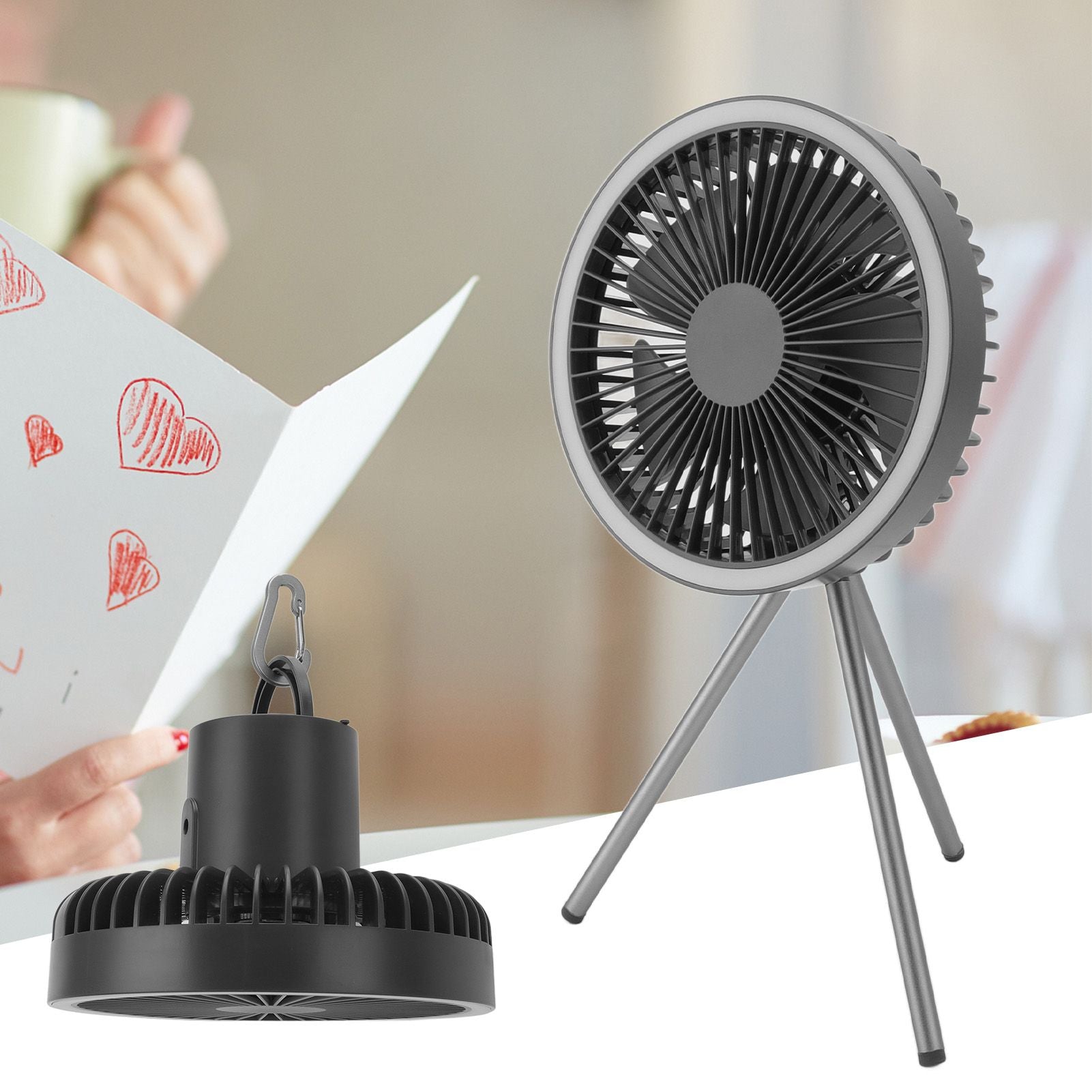 Tripod Fan 10000mAh 3 Gears Adjustable Timing Function Portable Desktop Fan with Light for Outdoor Camping Gray