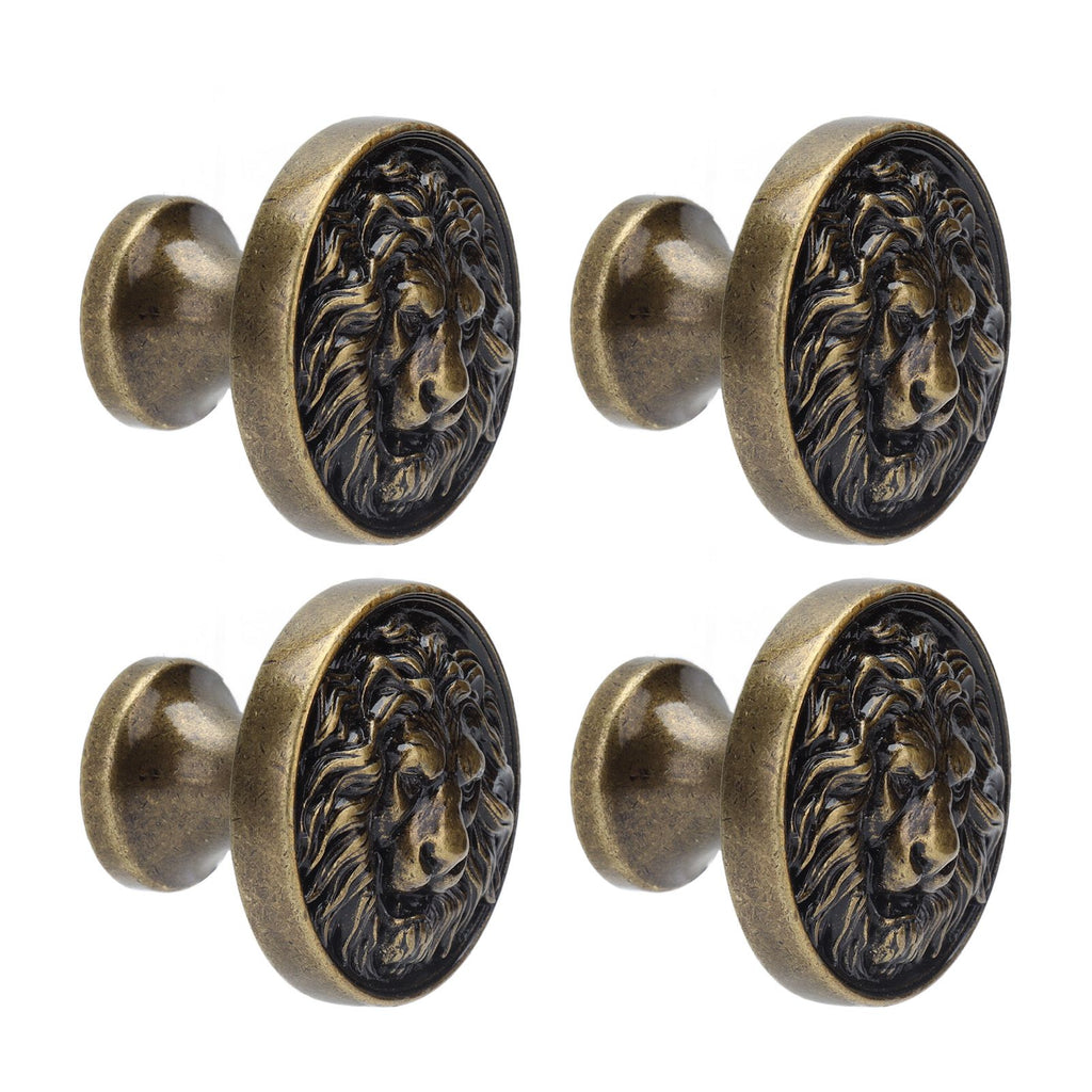 4Set Lion Head Zinc Alloy Cabinet Door Handle Modern Antique Cartoon Solid Drawer Pull Circular Single Hole Buckle Hand399 Lion Head Bronze