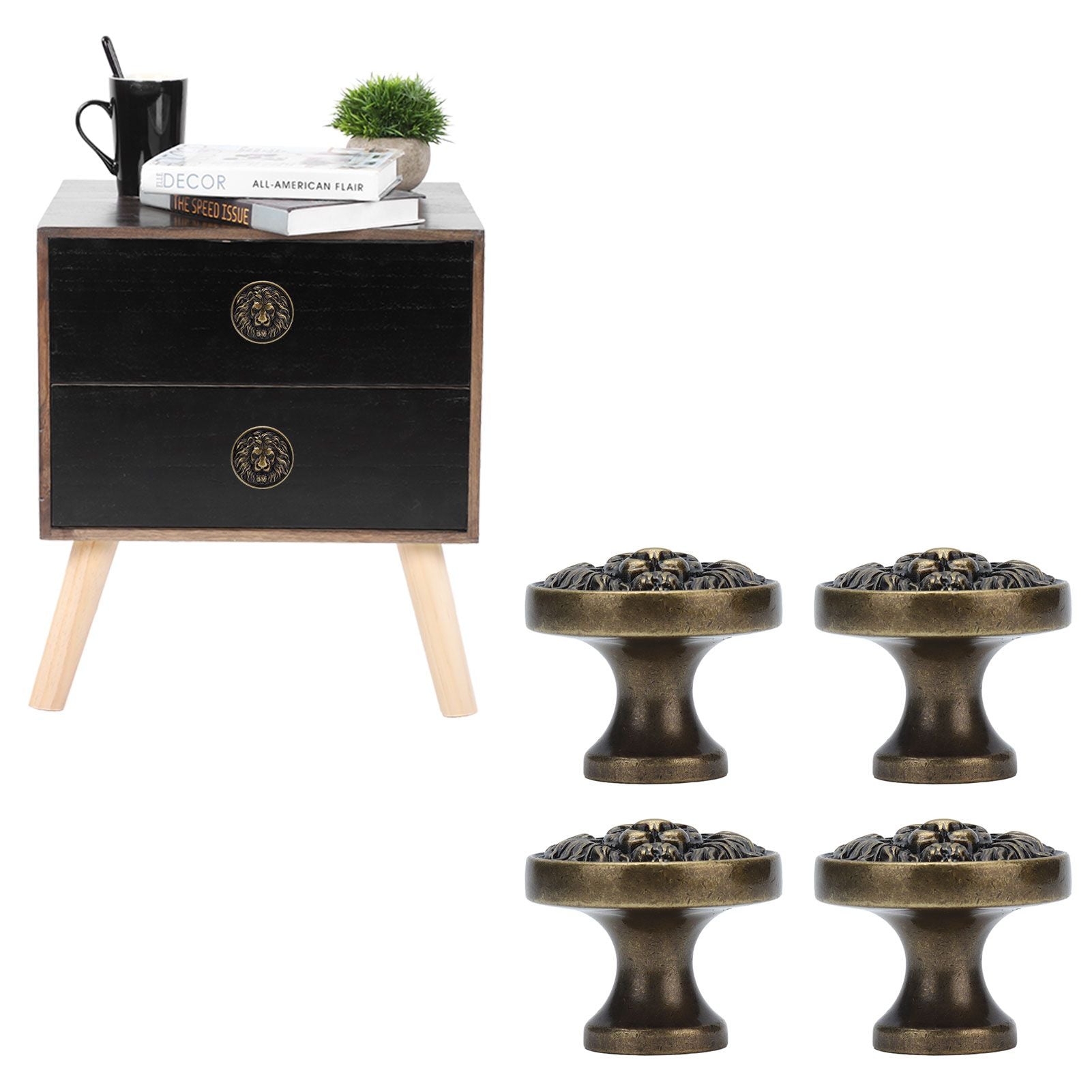 4Set Lion Head Zinc Alloy Cabinet Door Handle Modern Antique Cartoon Solid Drawer Pull Circular Single Hole Buckle Hand399 Lion Head Bronze