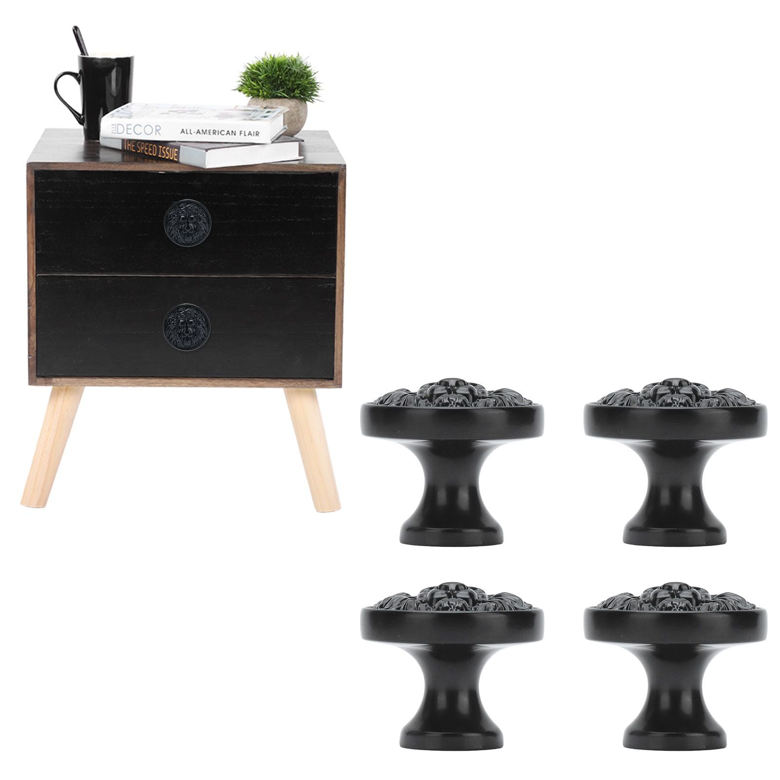 4Set Lion Head Zinc Alloy Cabinet Door Handle Modern Antique Cartoon Solid Drawer Pull Circular Single Hole Buckle Hand399 Lion Head Black