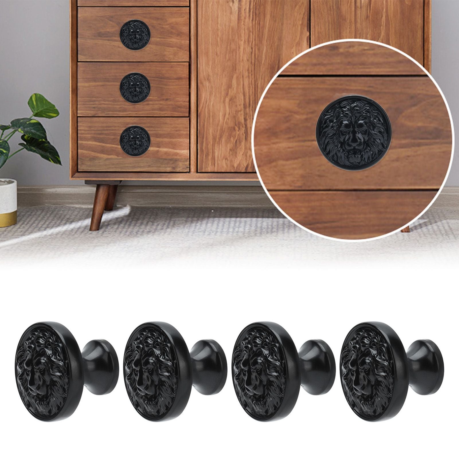 4Set Lion Head Zinc Alloy Cabinet Door Handle Modern Antique Cartoon Solid Drawer Pull Circular Single Hole Buckle Hand399 Lion Head Black