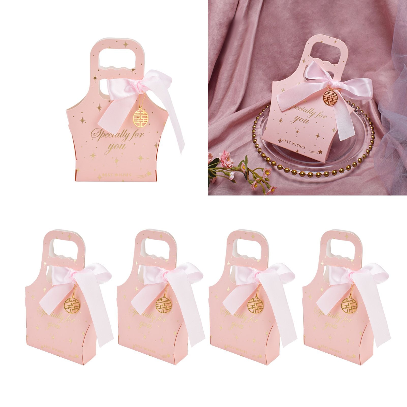 50Set Innovative Candy Box Paper Candy Bags with Ribbons for Christmas Parties Birthdays WeddingsPink with Light Pink Ribbon