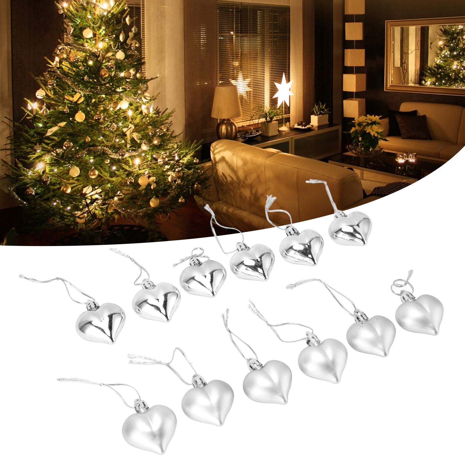 12pcs Christmas Ornament Heart Shape PVC Christmas Tree Hanging Decorations for Valentine's Day PartySilver