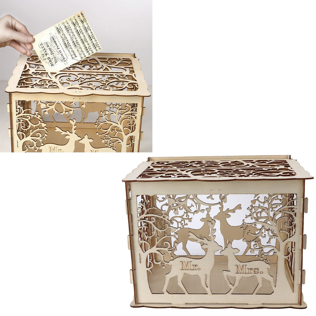 Greeting Card Box DIY Wooden Couple Deer Wedding Card Case Sign in Box Decoration Box