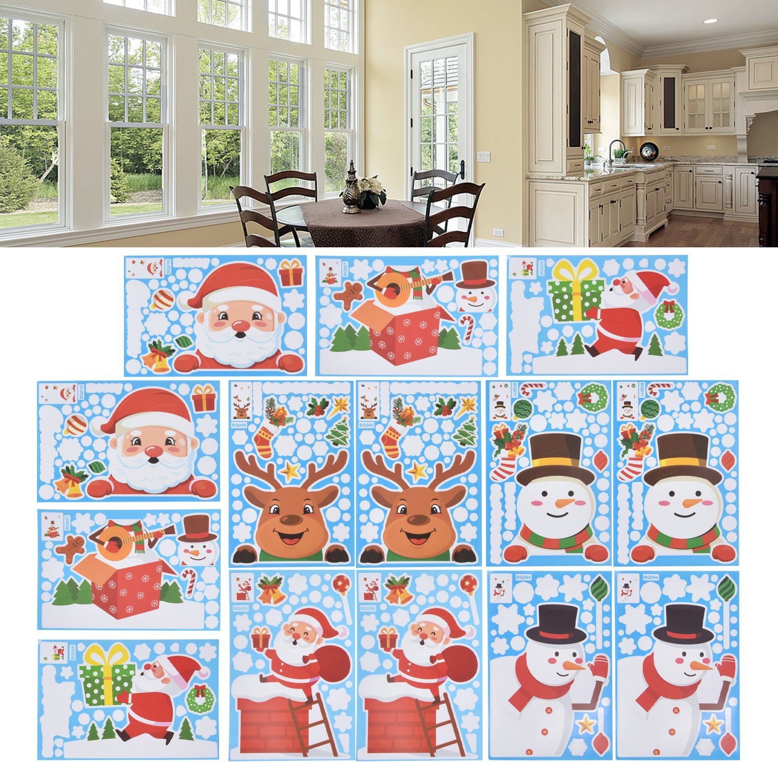 14pcs Christmas Stickers Cute Snowflake Reindeer Elf Pattern Christmas Window Clings for Window Glass Party Decorations