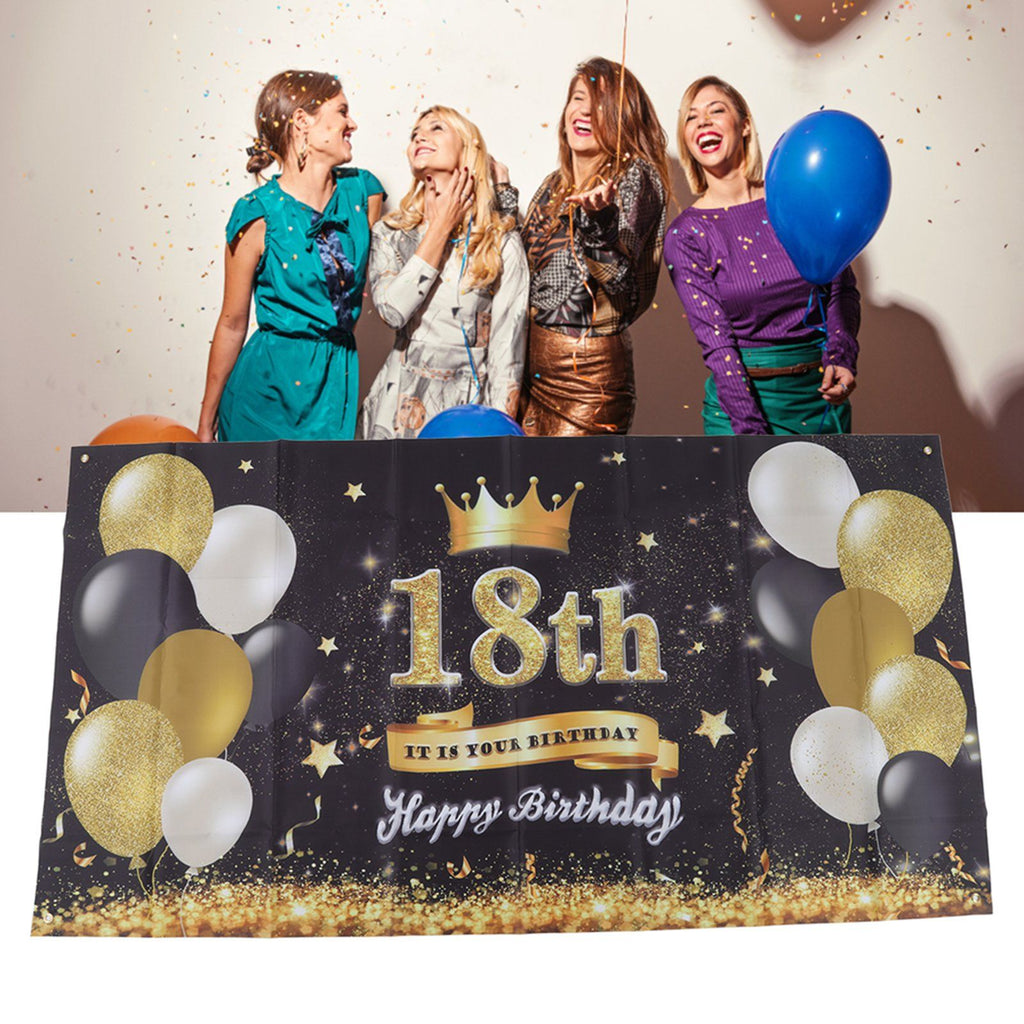 Happy 18th Birthday Backdrop Black Gold 180x99cm Reusable Happy Birthday Decorations with 4 Grommets