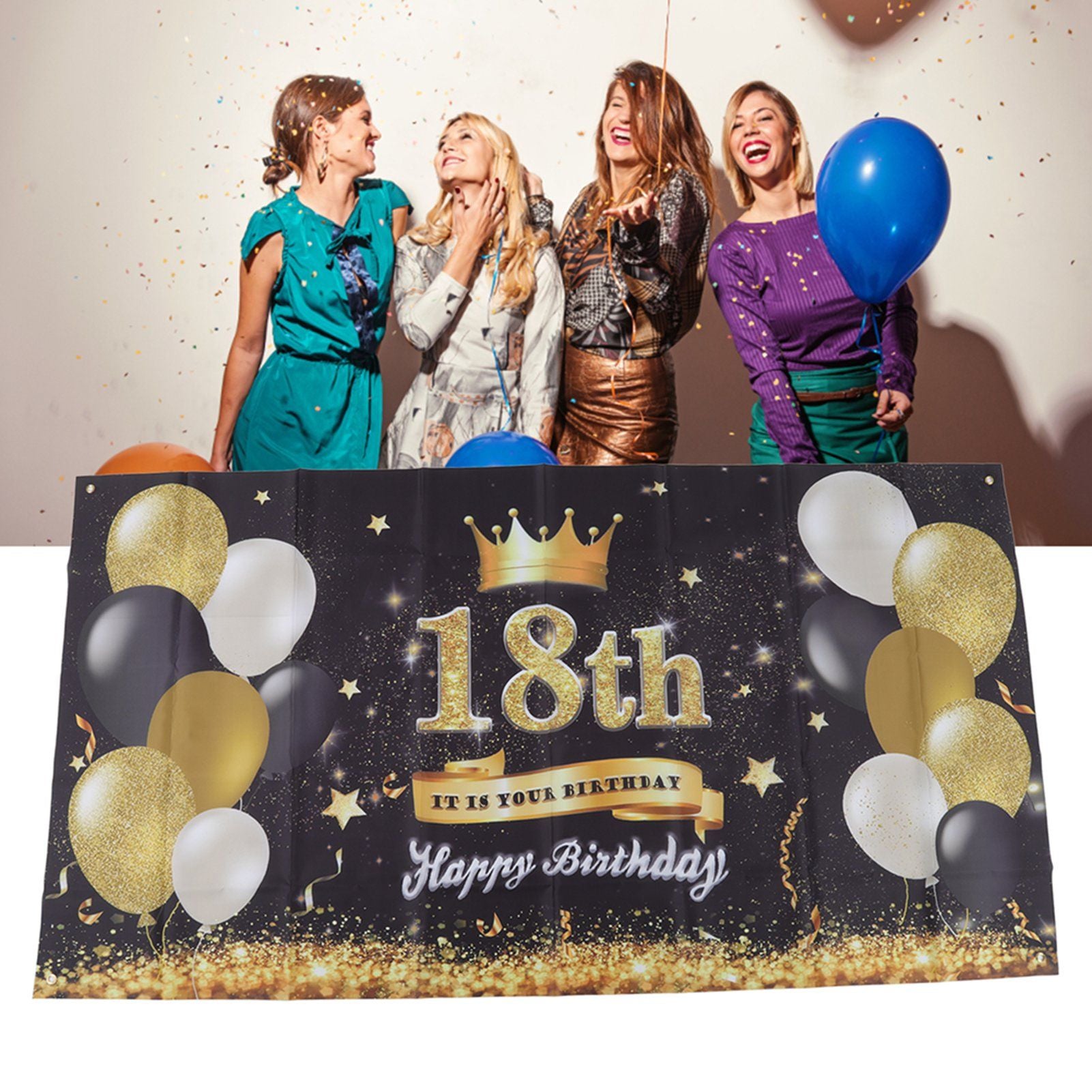 Happy 18th Birthday Backdrop Black Gold 180x99cm Reusable Happy Birthday Decorations with 4 Grommets