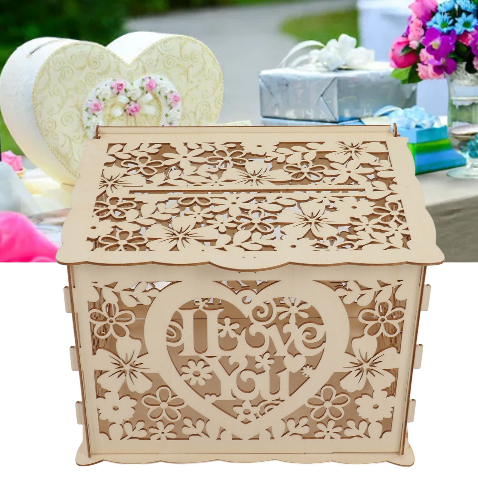 DIY Hollow Wooden Box Gift Card Money Case Wedding Reception Decoration Box Easy Assembly JM01192 Large