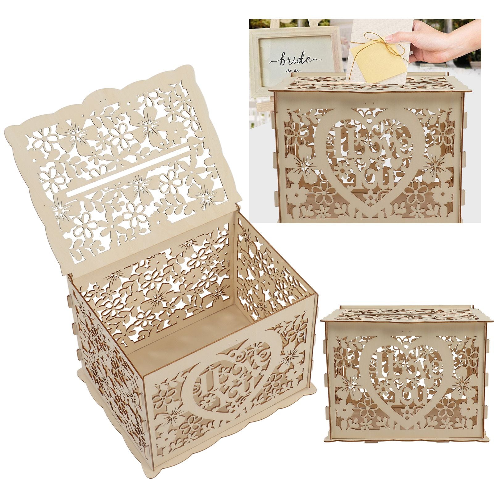 DIY Hollow Wooden Box Gift Card Money Case Wedding Reception Decoration Box Easy Assembly JM01192 Large