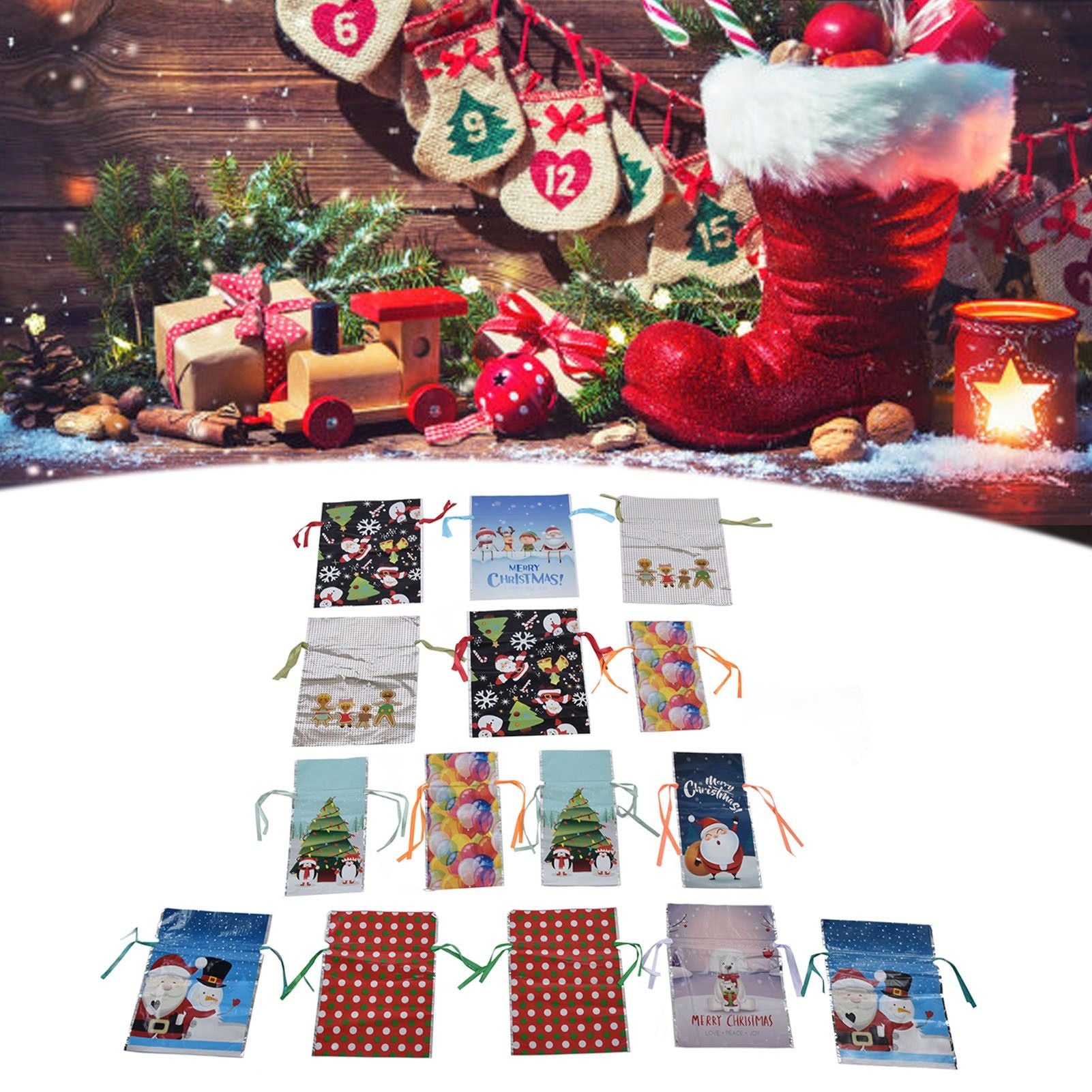 15 Pcs Christmas Drawstring Gift Bags Drawstring Packing Pouches Favors Bags for Christmas Festival Party