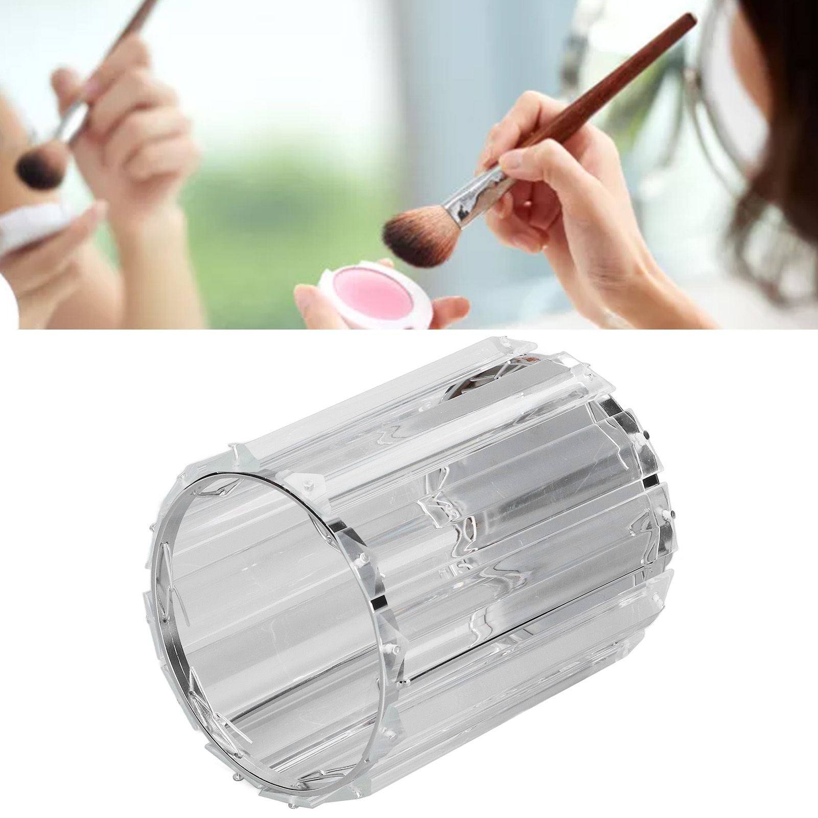 Cosmetic Brush Holder Transparent Glass Round Decorative Desktop Pen Storage Organizer BoxSilver