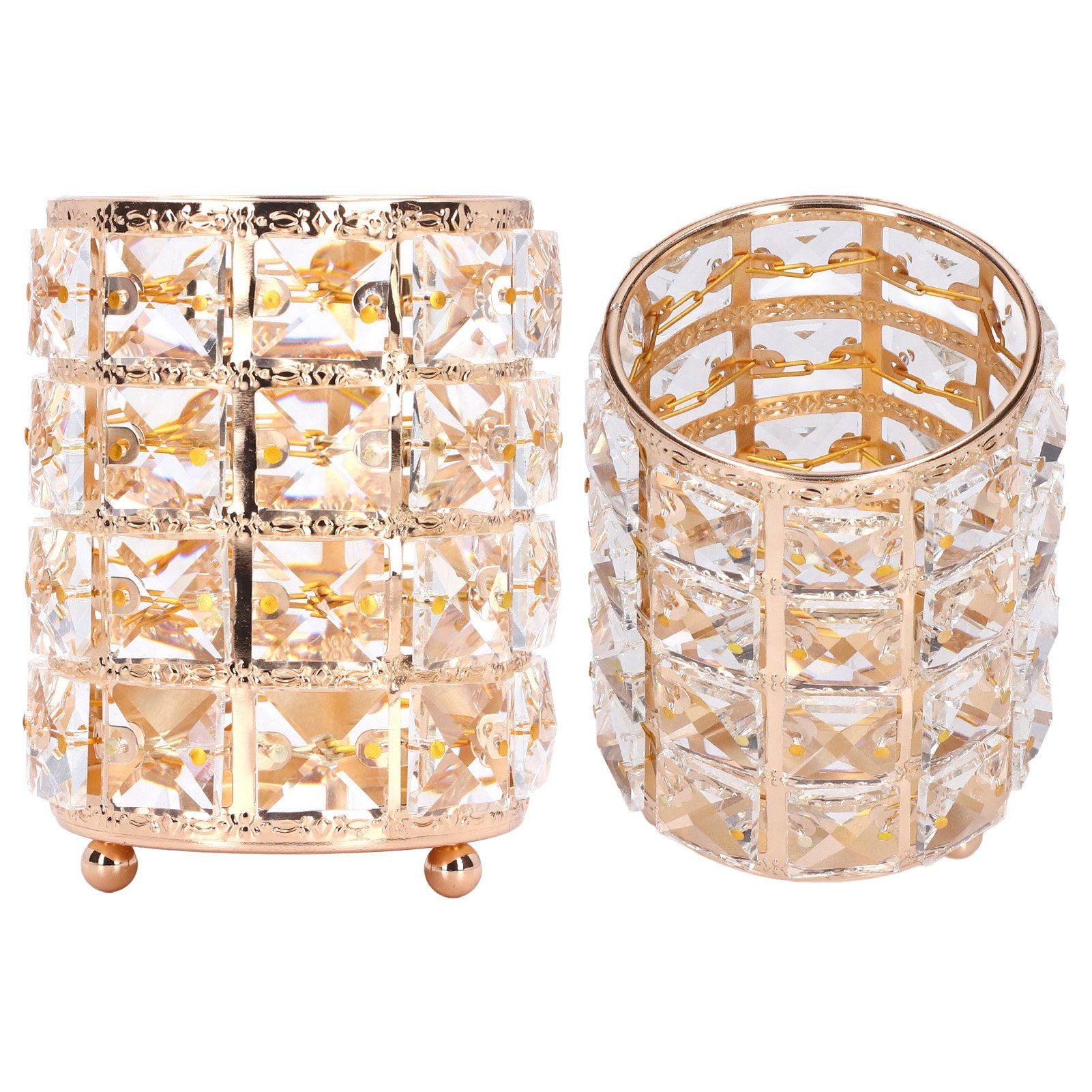 Crystal Makeup Brush Holder European Style Rounded Crystal Glass Cosmetic OrganizerGold