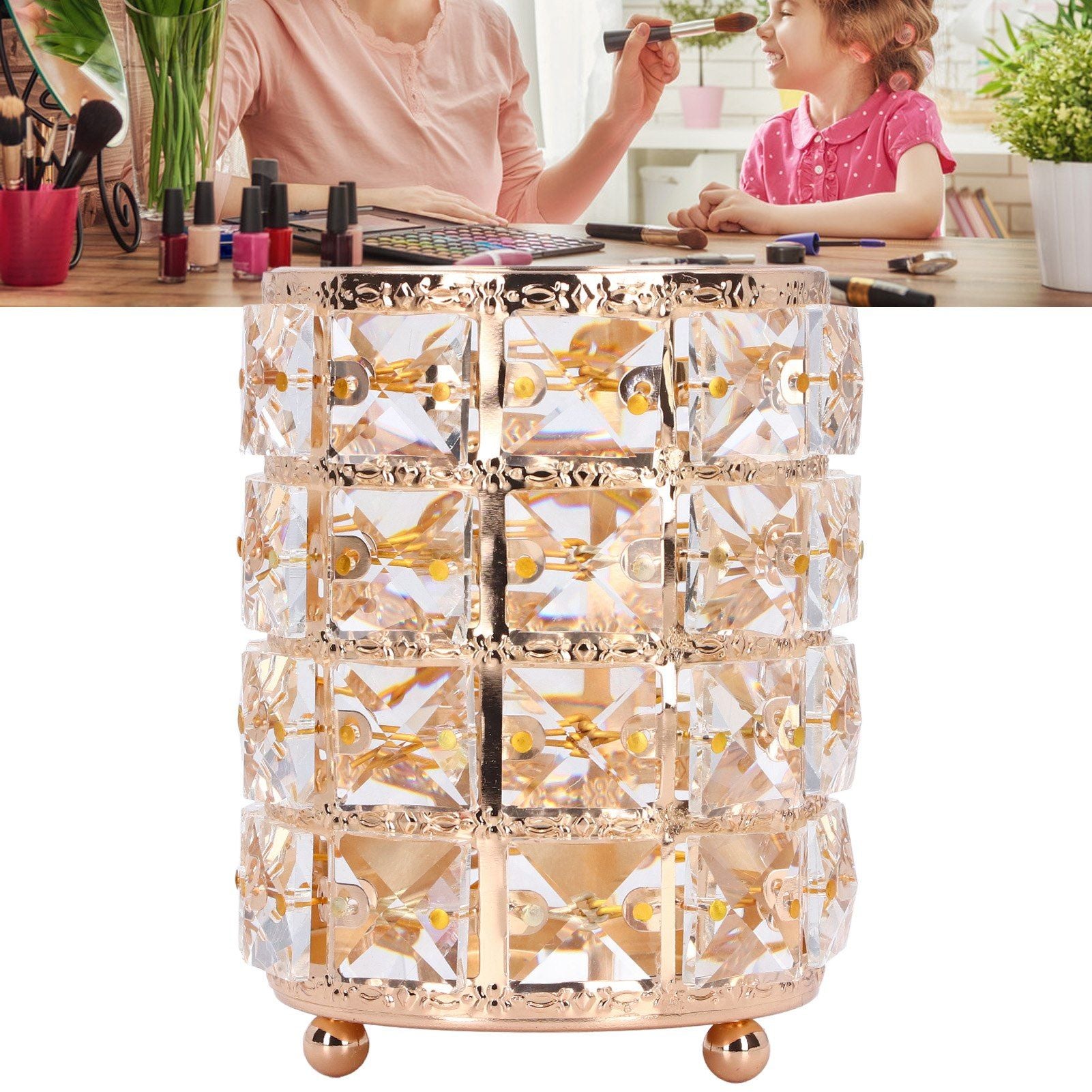 Crystal Makeup Brush Holder European Style Rounded Crystal Glass Cosmetic OrganizerGold