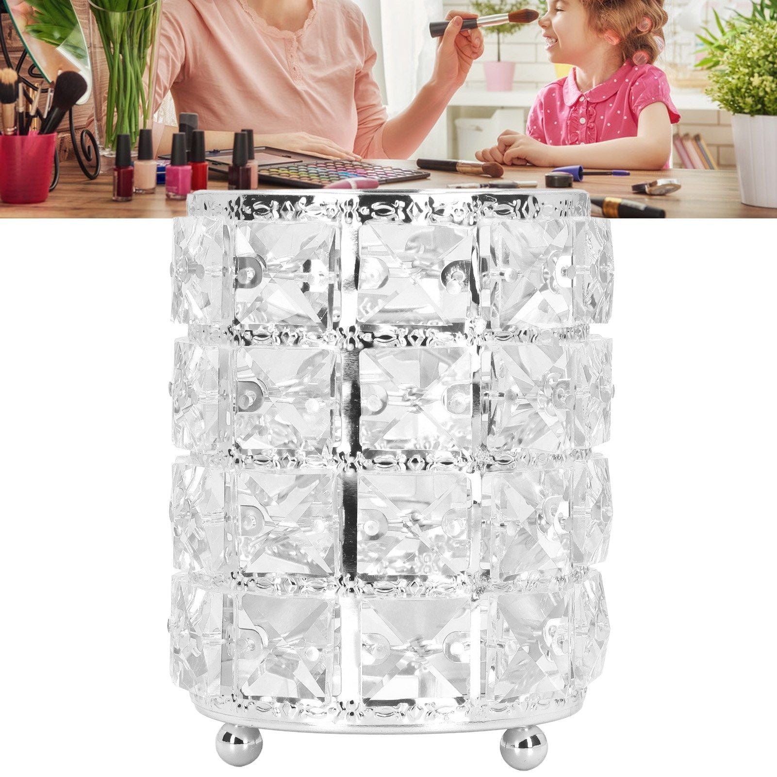 Crystal Makeup Brush Holder European Style Rounded Crystal Glass Cosmetic OrganizerSilver