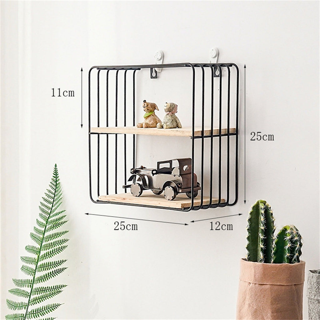 Wooden Iron Wall Shelf Living Room Kitchen Bathroom Elegant Exquisite Wall Mounted Storage Shelf Square Double Layer Black