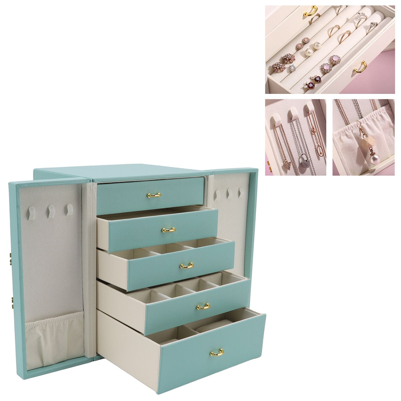 Jewelry Storage Box Leather Double Door Green European Style Storage Case for Necklace Earring Watch Bracelet