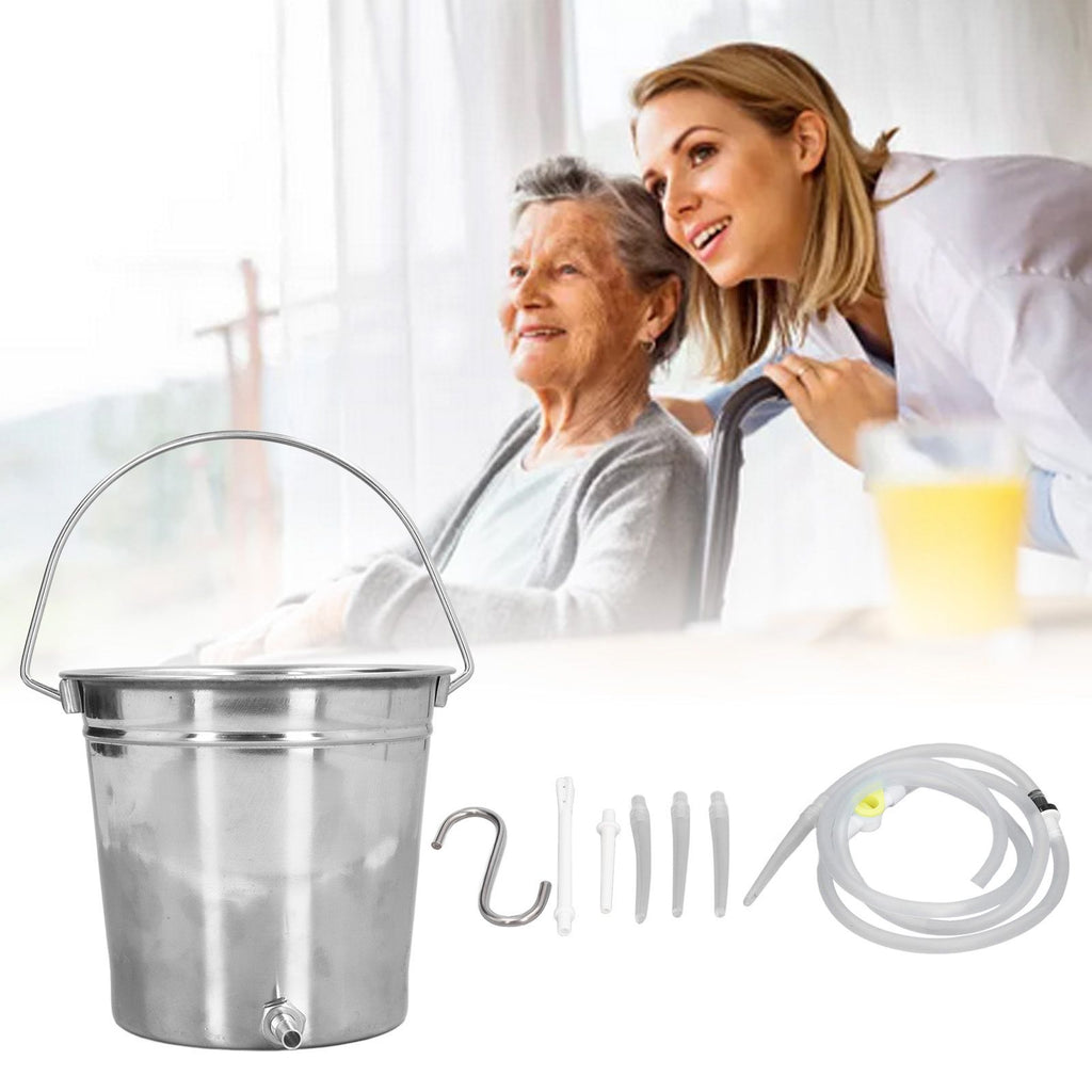 2L Enema Bucket Kit with Silicone Tubing Nozzle Tips Storage Bag Stainless Steel Coffee Milk Barrel