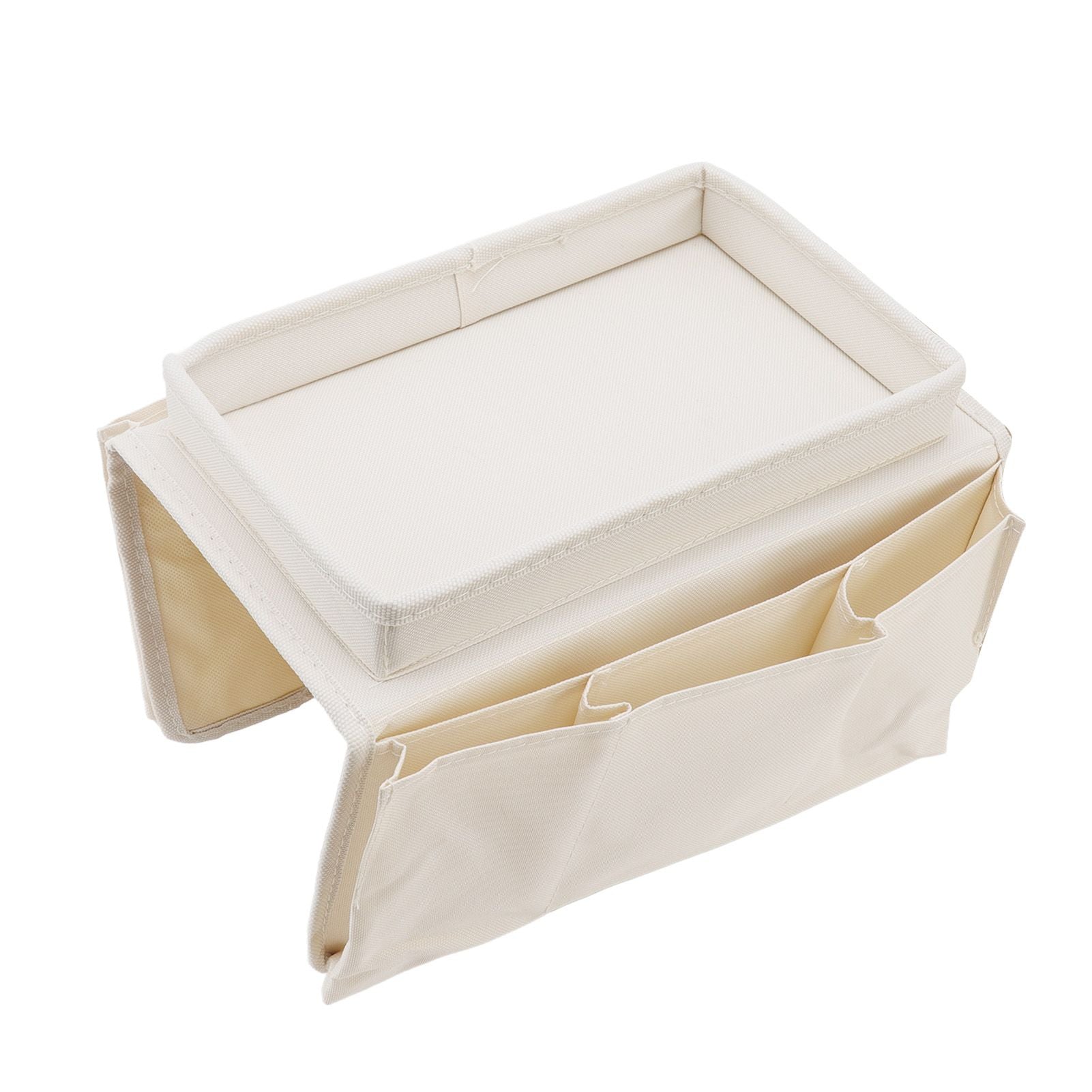 Sofa Tray Folding Arm Storage Holder Table 600D Oxford Cloth Side Pockets for Couch Beige