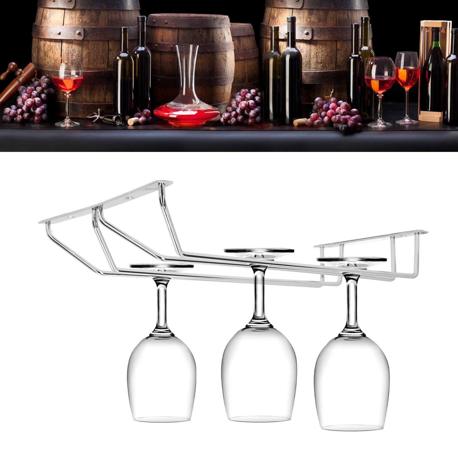 Stainless Steel Double Row Wine Glass Stemware Rack Hanging Stemware Holder Under CabinetM