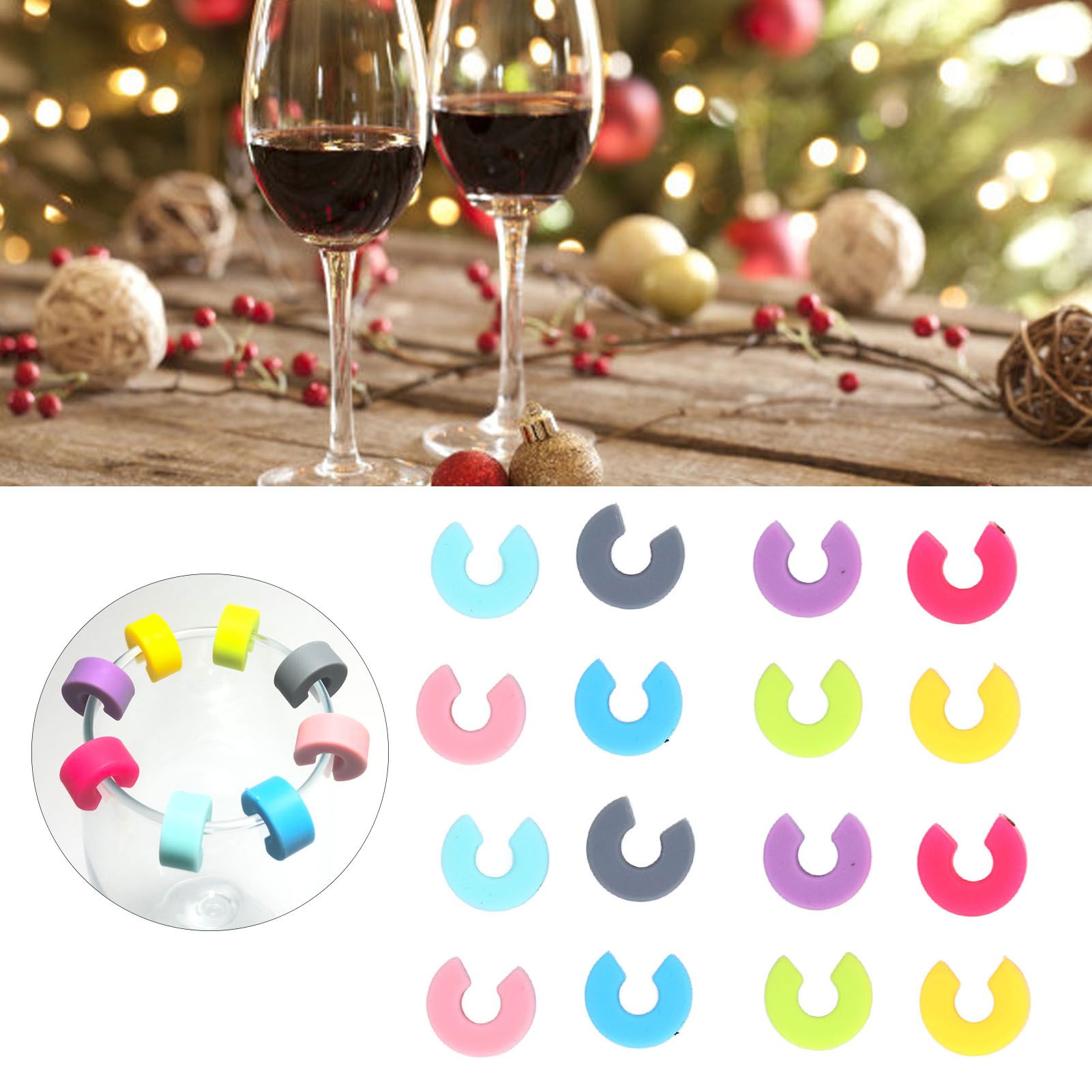 16PCS Mini Circle Silicone Wine Glass Marker Cup Identification Ring Recognizer Label