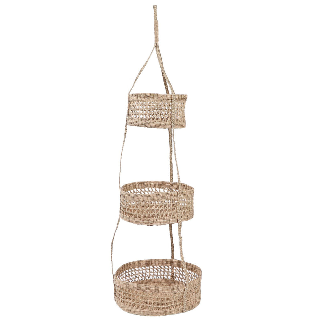 Hanging Fruit Basket Rattan 3 Tiers Multifunctional Foldable Elegant Style Easy Installation Hanging Produce Basket