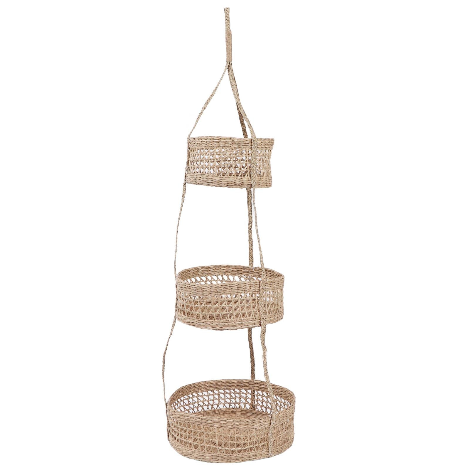 Hanging Fruit Basket Rattan 3 Tiers Multifunctional Foldable Elegant Style Easy Installation Hanging Produce Basket