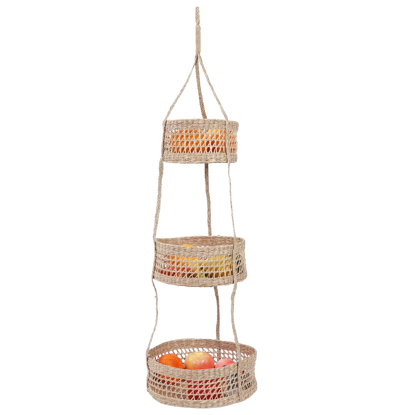 Hanging Fruit Basket Rattan 3 Tiers Multifunctional Foldable Elegant Style Easy Installation Hanging Produce Basket
