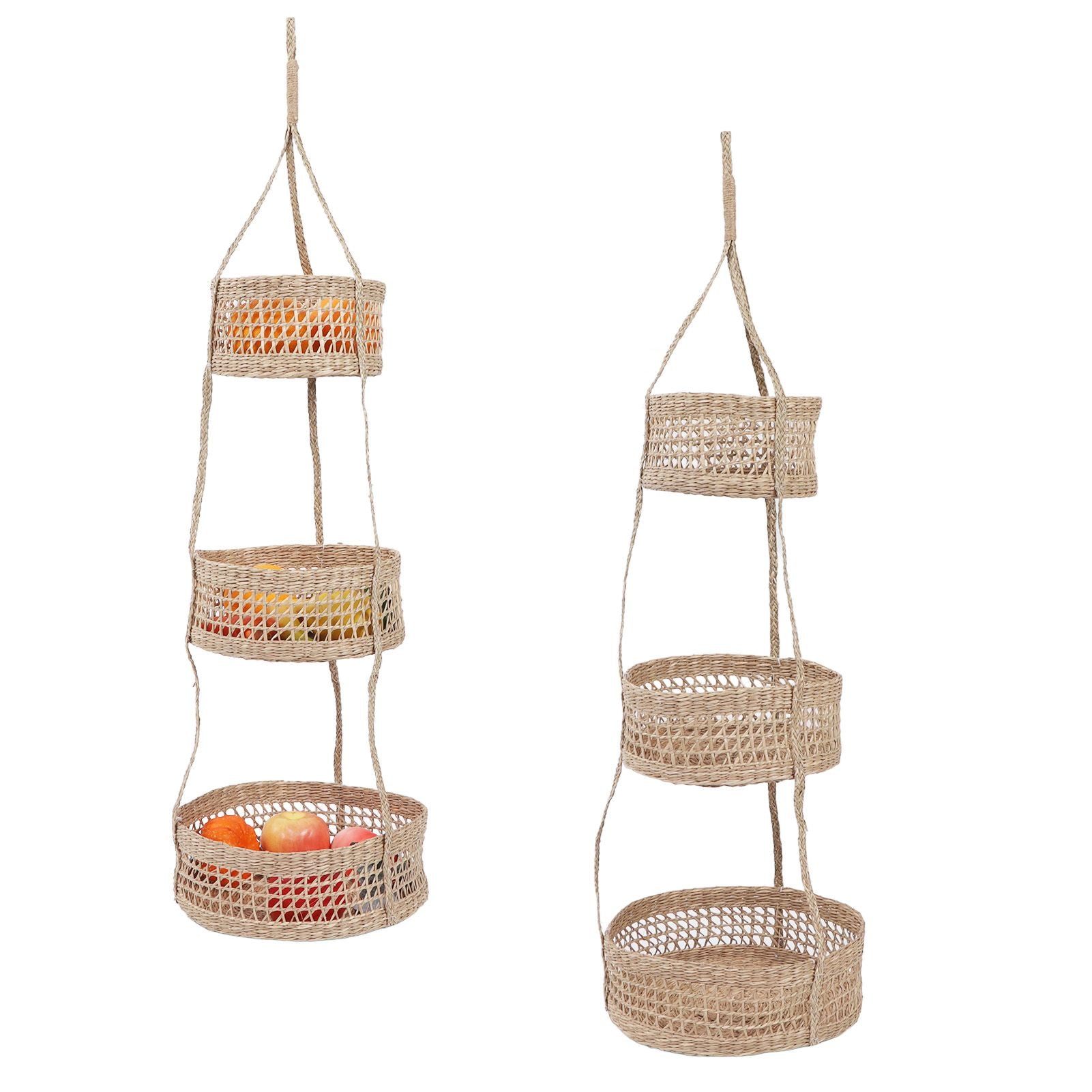 Hanging Fruit Basket Rattan 3 Tiers Multifunctional Foldable Elegant Style Easy Installation Hanging Produce Basket