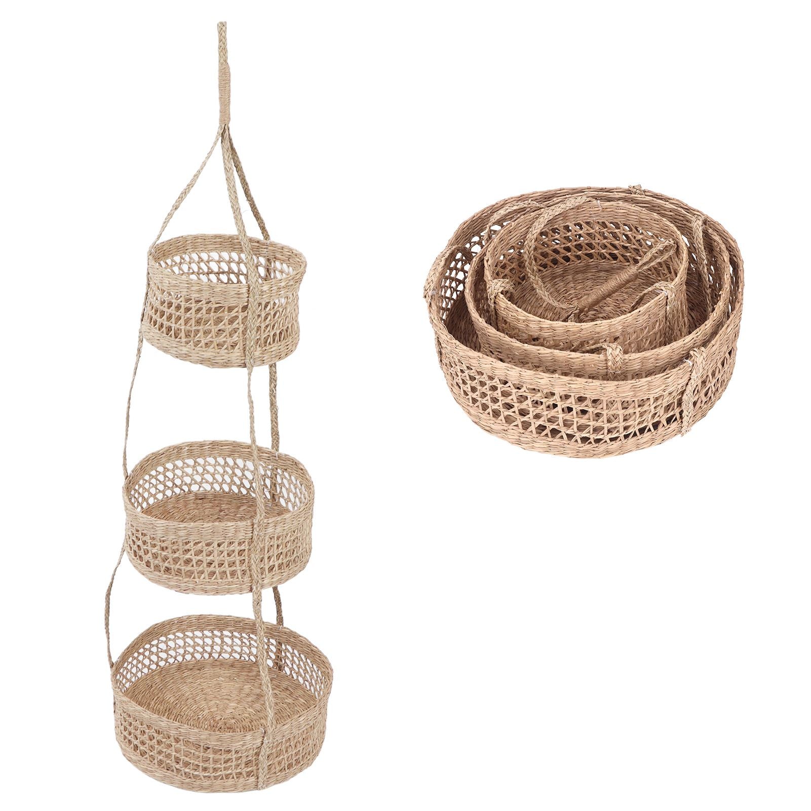 Hanging Fruit Basket Rattan 3 Tiers Multifunctional Foldable Elegant Style Easy Installation Hanging Produce Basket