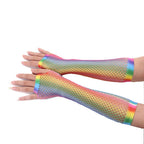 1 Pair Womens Shiny Rainbow Printed Net Gloves Hollow Out Bridal Fingerless Gloves for Wedding Party Dance Costume