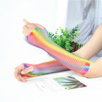 1 Pair Womens Shiny Rainbow Printed Net Gloves Hollow Out Bridal Fingerless Gloves for Wedding Party Dance Costume