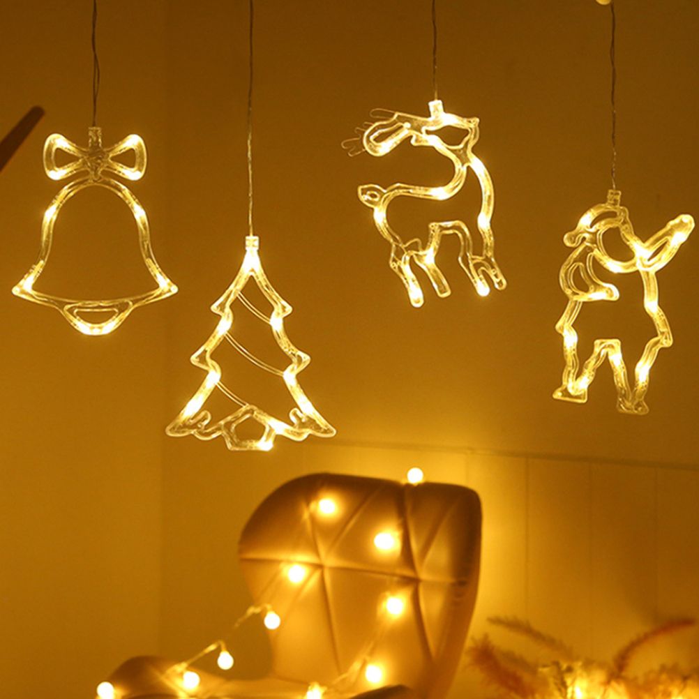 Window Sucker Holiday Lamp LED Christmas Trees Deer Bell Star Santa Hanging Garland Light Wall Decorative