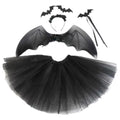 4Pcs Girls Halloween Cosplay Costume Dress Up Dress Black Mesh Skirt with Headband Bat Wing Wand Halloween Party Cosplay Props