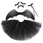 4Pcs Girls Halloween Cosplay Costume Dress Up Dress Black Mesh Skirt with Headband Bat Wing Wand Halloween Party Cosplay Props
