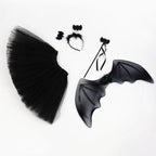 4Pcs Girls Halloween Cosplay Costume Dress Up Dress Black Mesh Skirt with Headband Bat Wing Wand Halloween Party Cosplay Props