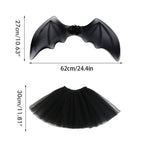 4Pcs Girls Halloween Cosplay Costume Dress Up Dress Black Mesh Skirt with Headband Bat Wing Wand Halloween Party Cosplay Props