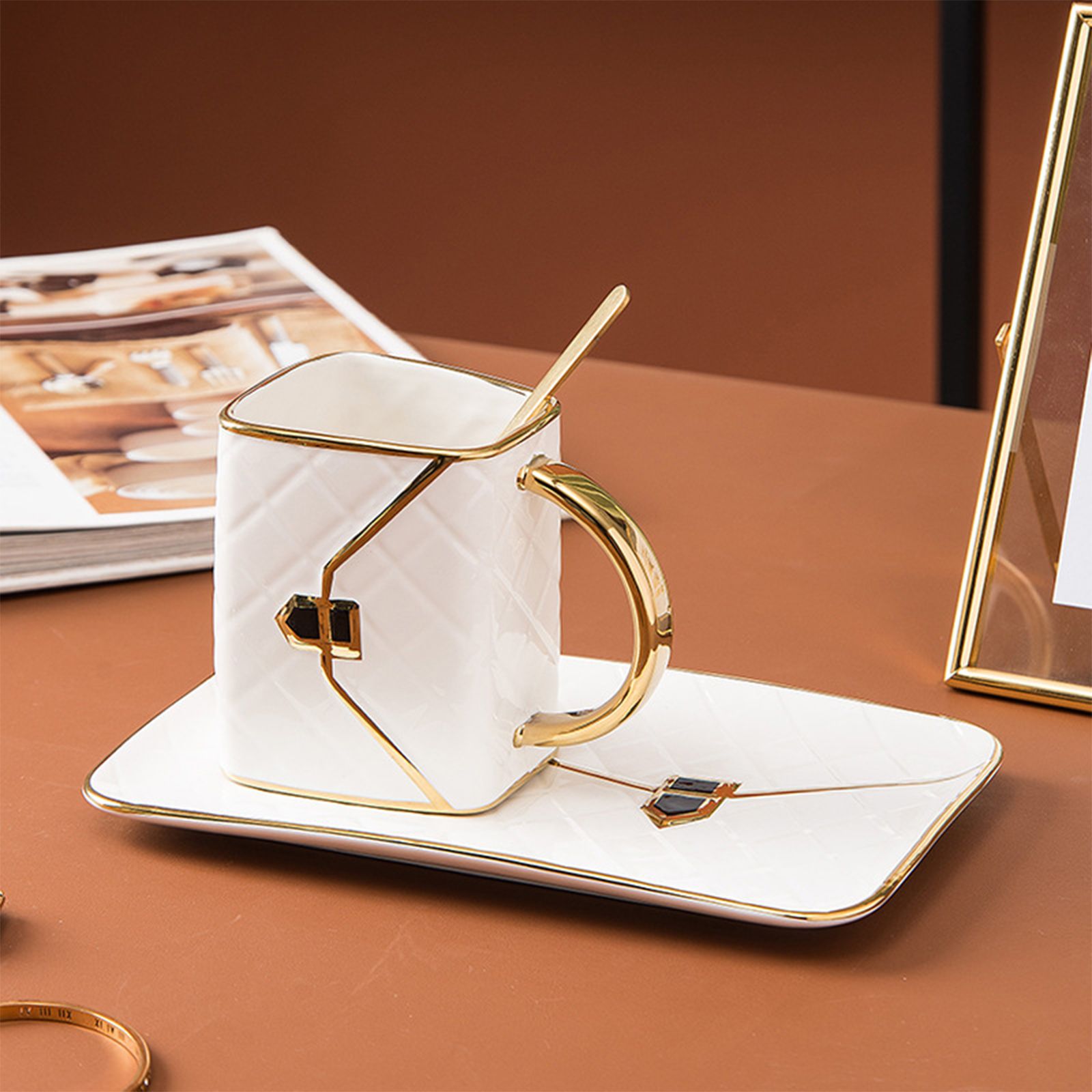 310ML Handbag Shaped Cup With Dish Spoon Ceramic Stylish Coffee Mug White