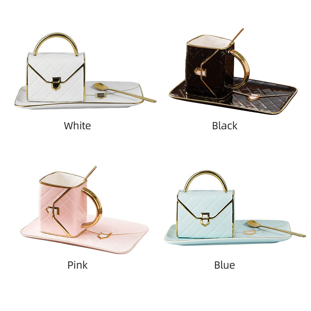 310ML Handbag Shaped Cup With Dish Spoon Ceramic Stylish Coffee Mug White