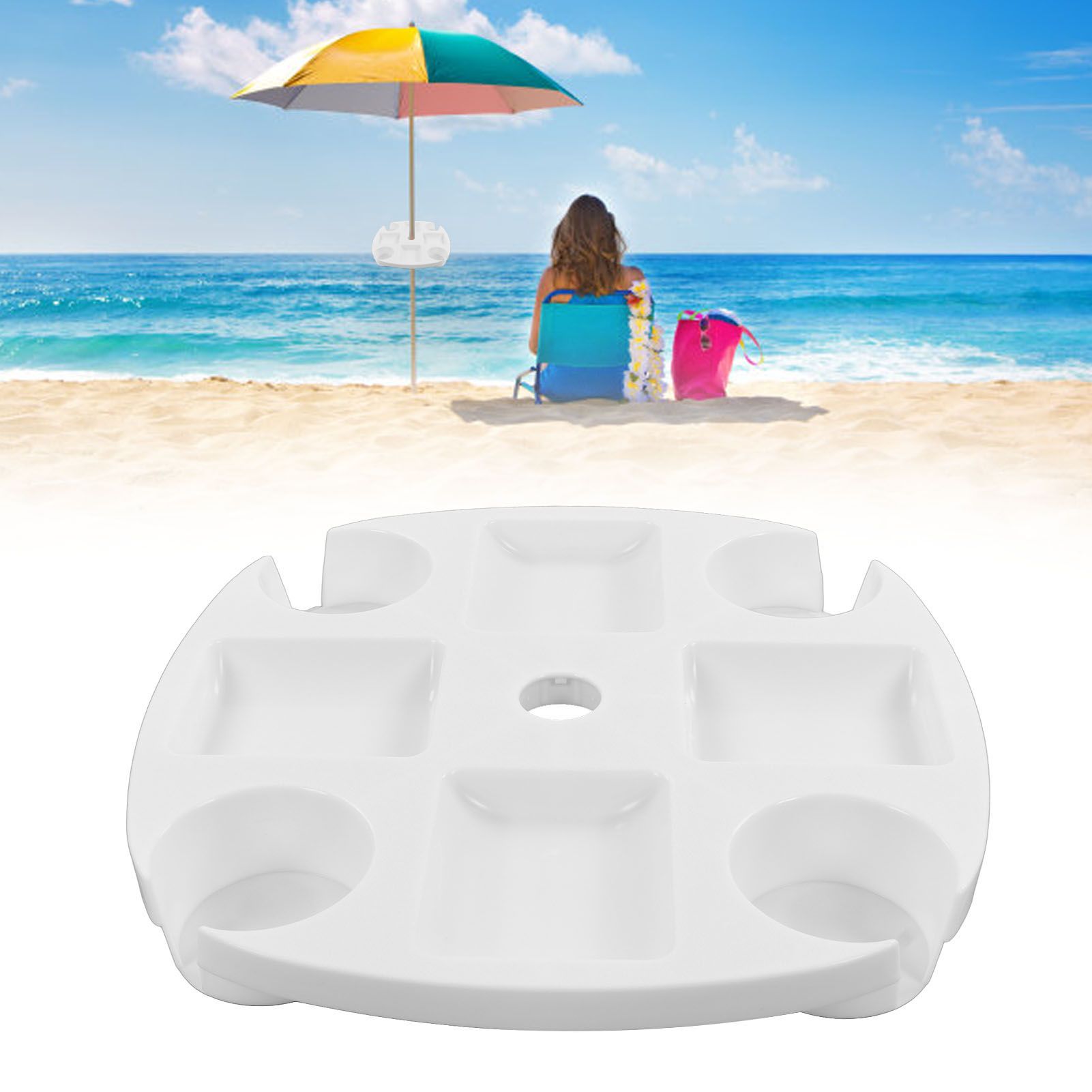 Beach Umbrella Table Tray White Round Umbrella Tray with 4 Cup Holder for Snack Drink