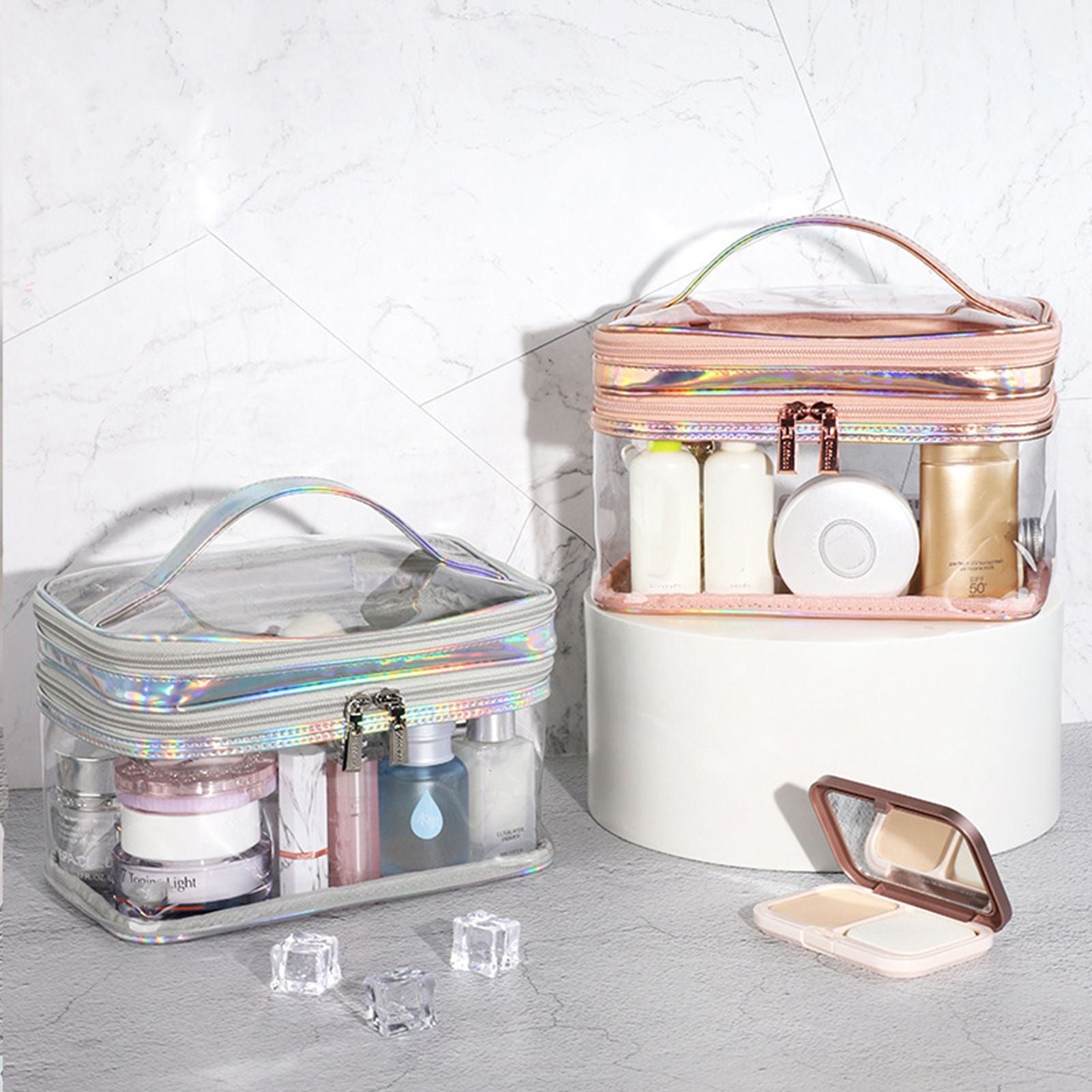 Ladies Cosmetic Bag Transparent Double Layer Waterproof High Capacity Toiletry Storage Bag for Travel Pink