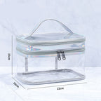 Ladies Cosmetic Bag Transparent Double Layer Waterproof High Capacity Toiletry Storage Bag for Travel Silvery Grey