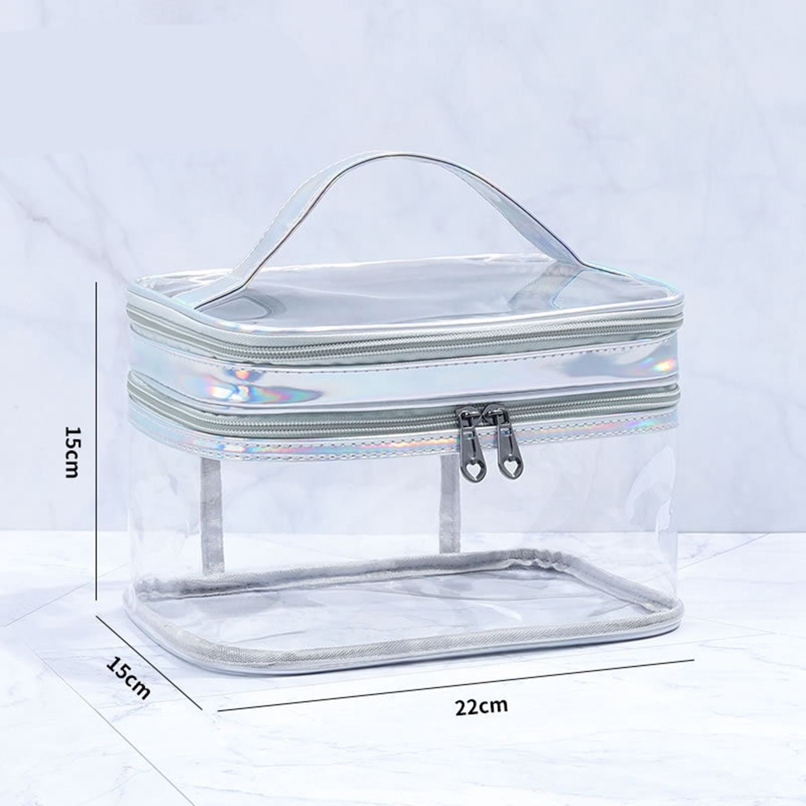 Ladies Cosmetic Bag Transparent Double Layer Waterproof High Capacity Toiletry Storage Bag for Travel Silvery Grey