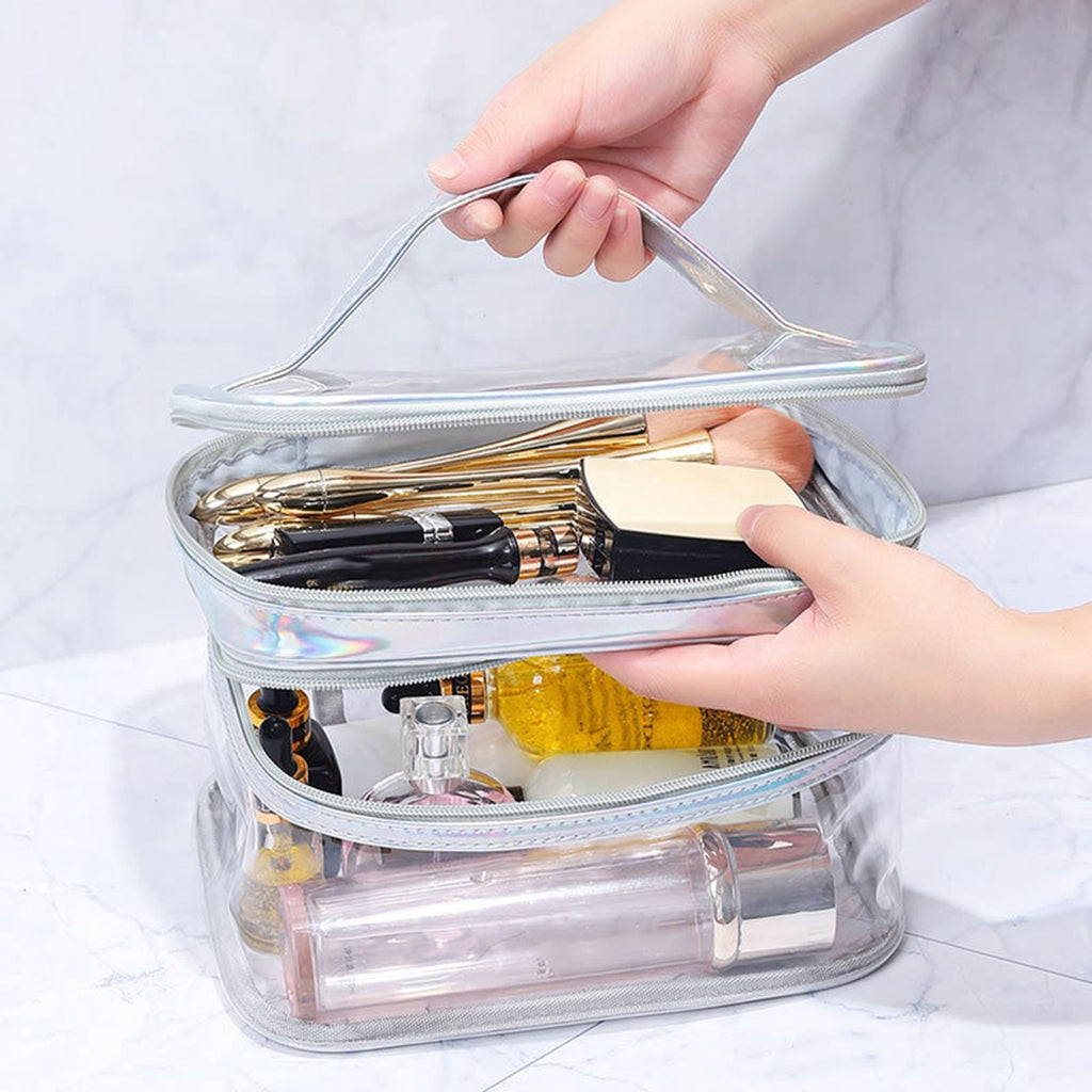 Ladies Cosmetic Bag Transparent Double Layer Waterproof High Capacity Toiletry Storage Bag for Travel Upgrade Rhombus Black
