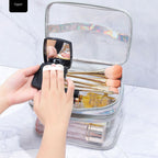 Ladies Cosmetic Bag Transparent Double Layer Waterproof High Capacity Toiletry Storage Bag for Travel Upgrade Rhombus Black