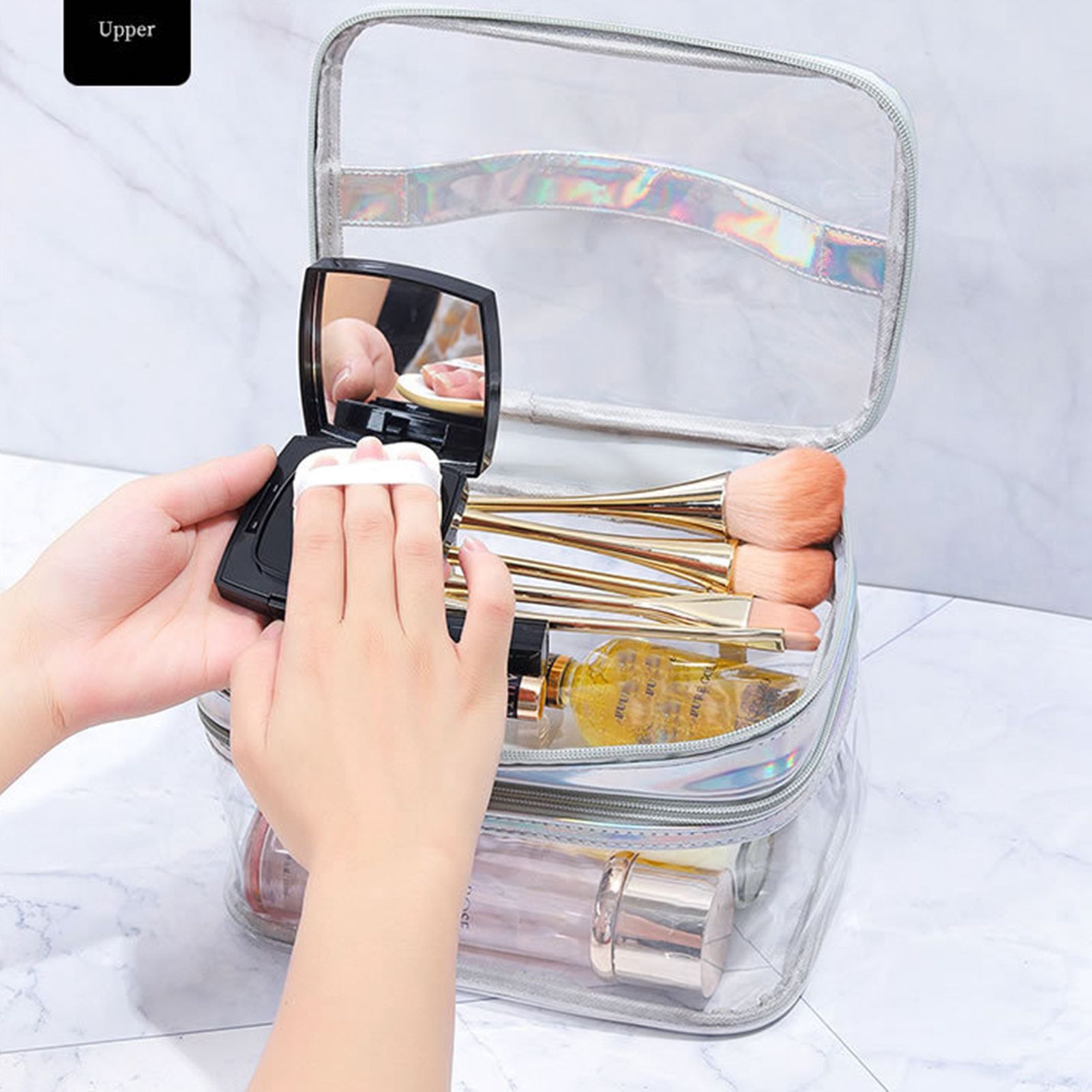 Ladies Cosmetic Bag Transparent Double Layer Waterproof High Capacity Toiletry Storage Bag for Travel Upgrade Rhombus Black