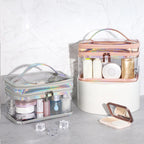 Ladies Cosmetic Bag Transparent Double Layer Waterproof High Capacity Toiletry Storage Bag for Travel Upgrade Rhombus Black