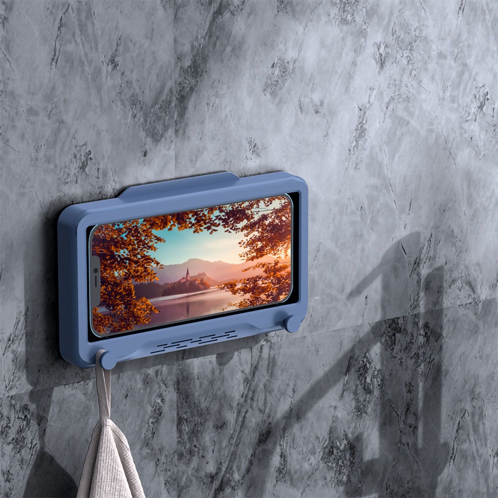 Waterproof Cell Phone Case Shower Phone Holder Wall Hanging Free Punch 360 Degree Rotation Touch Screen For Bathroom Kitchen Blue