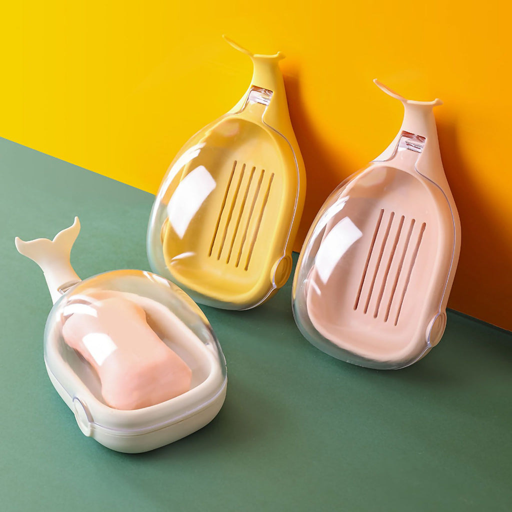 Soap Box Double Layer Cute Cartoon Whale Shape Waterproof Drainage Soap Container with Flip Lid for Bathroom Pink